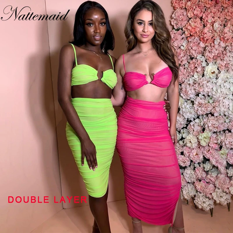 

NATTEMAID Pleated Mesh Casual Two Pieces Set Streetwear Top And Long Skirt Summer Women Set Elegant 2 Piece Set Women Outfit