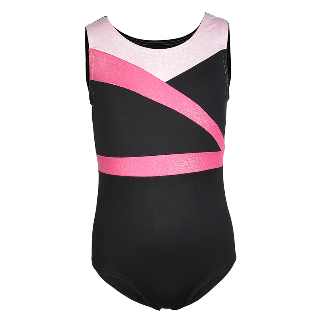 Kids Girls Shiny Gymnastics Ballet Dance Leotards Sleeveless Black Pink Spliced Design Stretch Sport Gym Costume