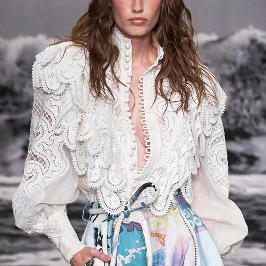 

2019 autumn solid white women blouse geometric pattern embroidered ruffles top turtleneck lantern sleeve elegant shirts