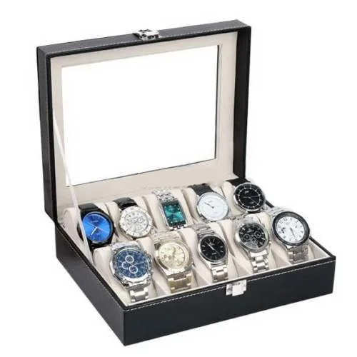 

10 Compartments High-grade Leather Watch Collection Storage Box Black