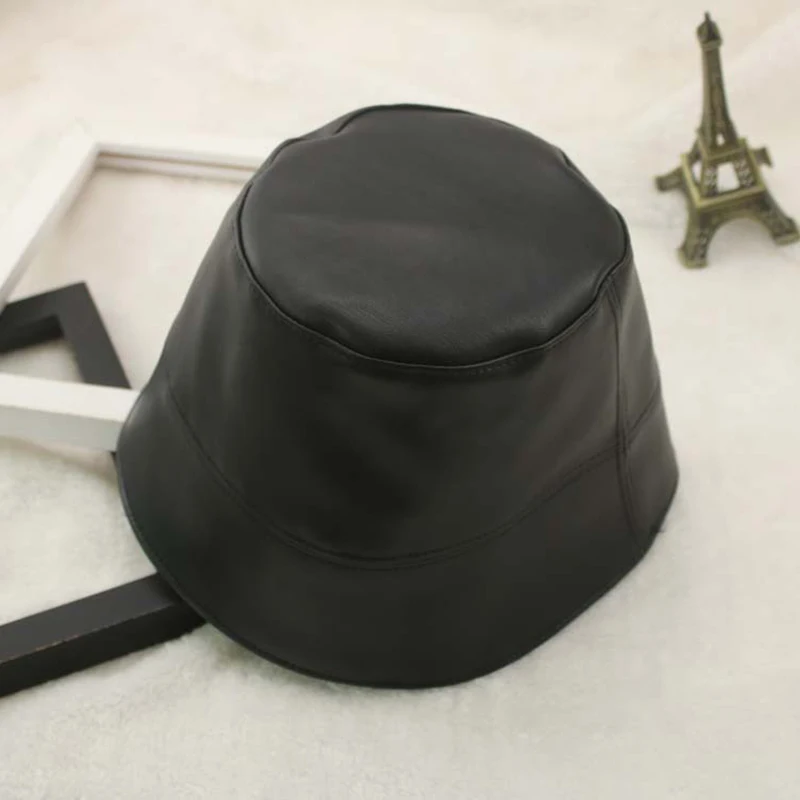 MS Solid PU Fedoras Женская Harajuku Кепка с покрывалом осень зима женская из искусственной кожи для мотоцикла кепки s винтажная шляпа LM037 - Цвет: Черный