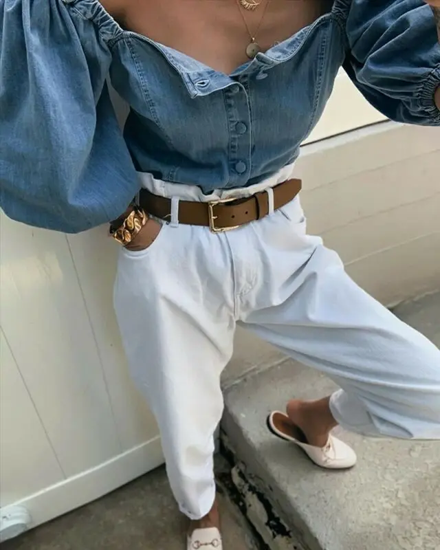 Autumn Sexy buttons denim blouse women Vintage square collar jeans blouses tops Chic elastic puff sleeve autumn female shirts