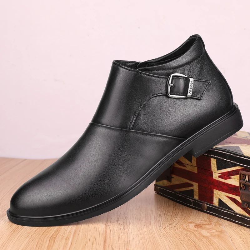 Winter Warm Casual Boots Men Inside Fur Ankle Boots Men Buckle Strap Men Dress Boots Good Quality Leather Boots Mens Size 38-46 - Color: hei se guang mian