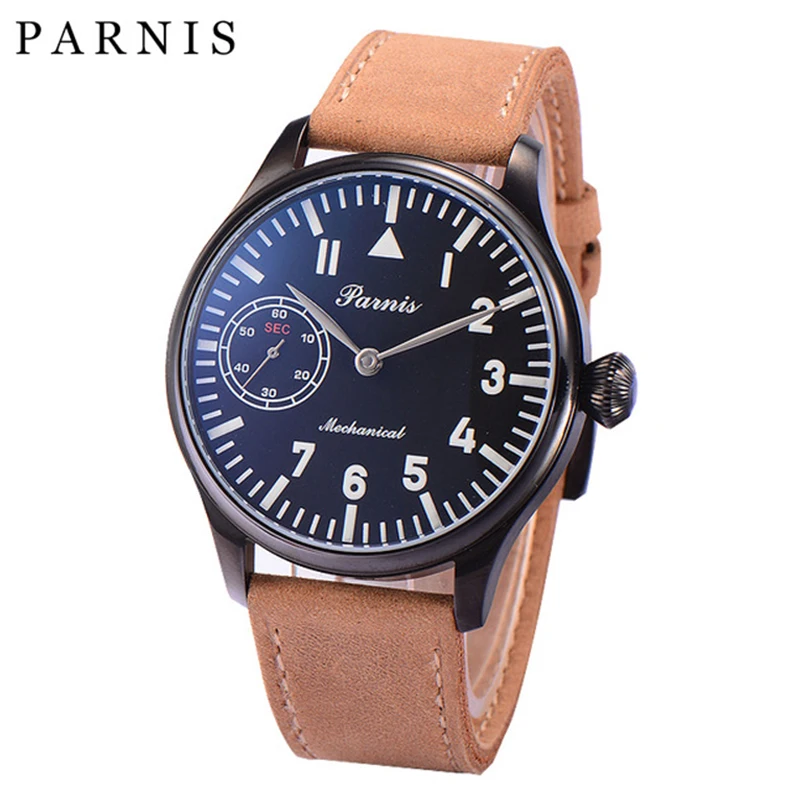 

Parnis 44mm Mechanical Watch Men Hand Winding Black PVP Case Pilot Military Clock Waterproof Luminous Leather Strap Wrist Watch