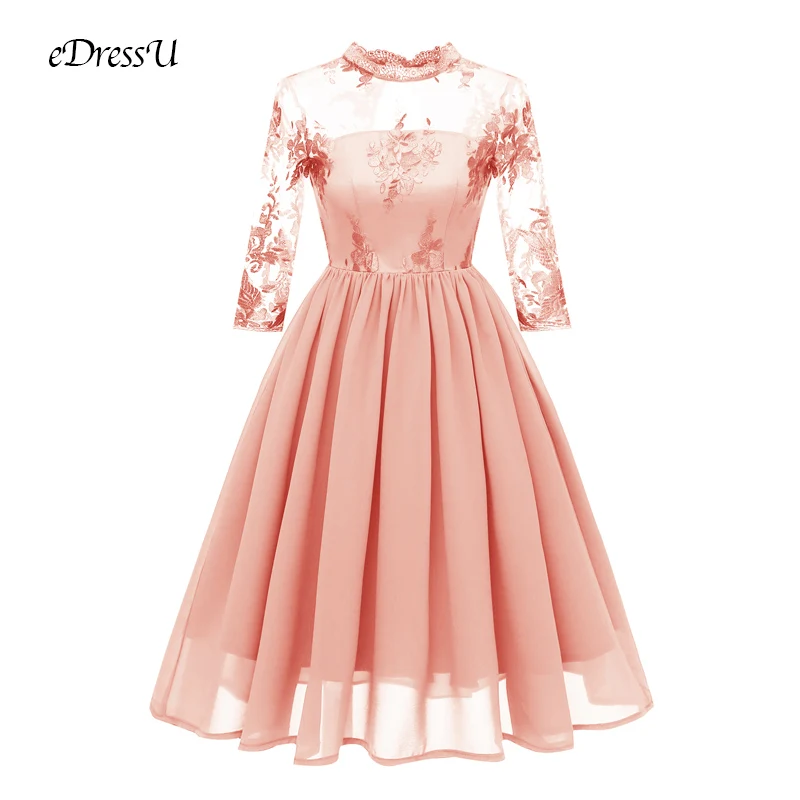 Розовый Vestidos de Fiesta изящное вечернее платье с вышивкой, ажурные рукава, до колена, кружевное элегантное женское платье de Soiree DN-1661 - Цвет: Розовый