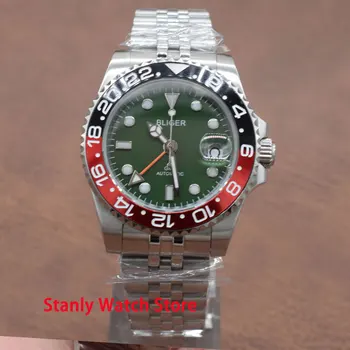 

Luxury Bliger 40mm Green Dial Luminous Marks Black Red Rotating Bezel GMT Function Automatic Movement Men's Watches