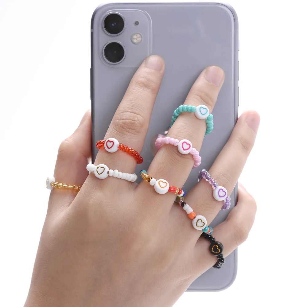 Ethnic Charm Heart Elastic Knuckle Rings For Women Candy Color Resin Beads Stacked Rings Hand Accessories