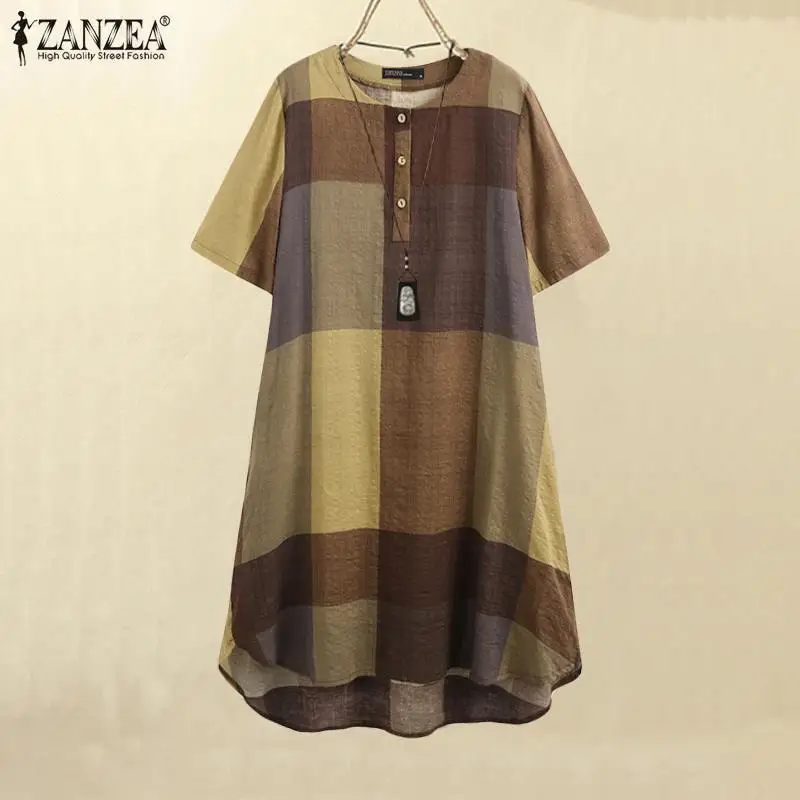 

2023 ZANZAE Summer Women Vintage Dress Plaid Knee Length Vestidos Casual Fashion Female Femininas O-neck Short Sleeve Sundress