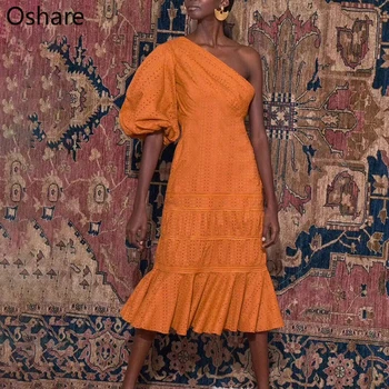 

VestidoCasual Solid Women Dress One Shoulder Puff Sleeve High Waist Sashes Hollow Out Midi Dresses Female Fashion Summe rclothes