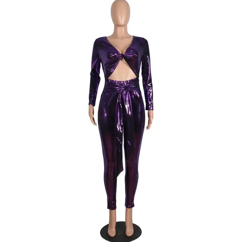 Purple HAOYUAN, сексуальный блестящий бандажный комбинезон, Модный комбинезон Nova, цельный клубный наряд, Облегающий комбинезон с длинным рукавом, женский комбинезон - Color: Purple