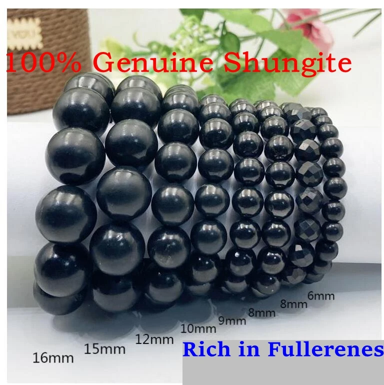 PANGEM-Sale 1pcs 100% Natural Russia Shungite Bracelet,Healing Gem stone Jewelry Bracelet,6mm 8mm 12mm 16mm Rich in Fullerenes