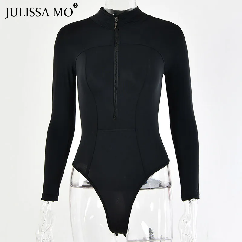 Черный Julissa mo, черный облегающий боди с длинным рукавом, женские топы, модные базовые облегающие Комбинезоны на молнии,, Женский Повседневный эластичный комбинезон - Цвет: Черный