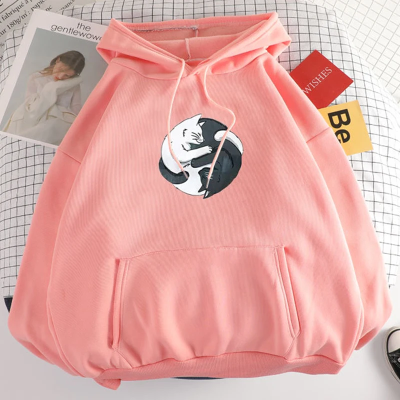 

YL Women's Fleece Hoodies Cat Cartoon Print Sweatshirt Thicken Warm Loose Female Hoodie 2020 Winter Autumn Students Tops