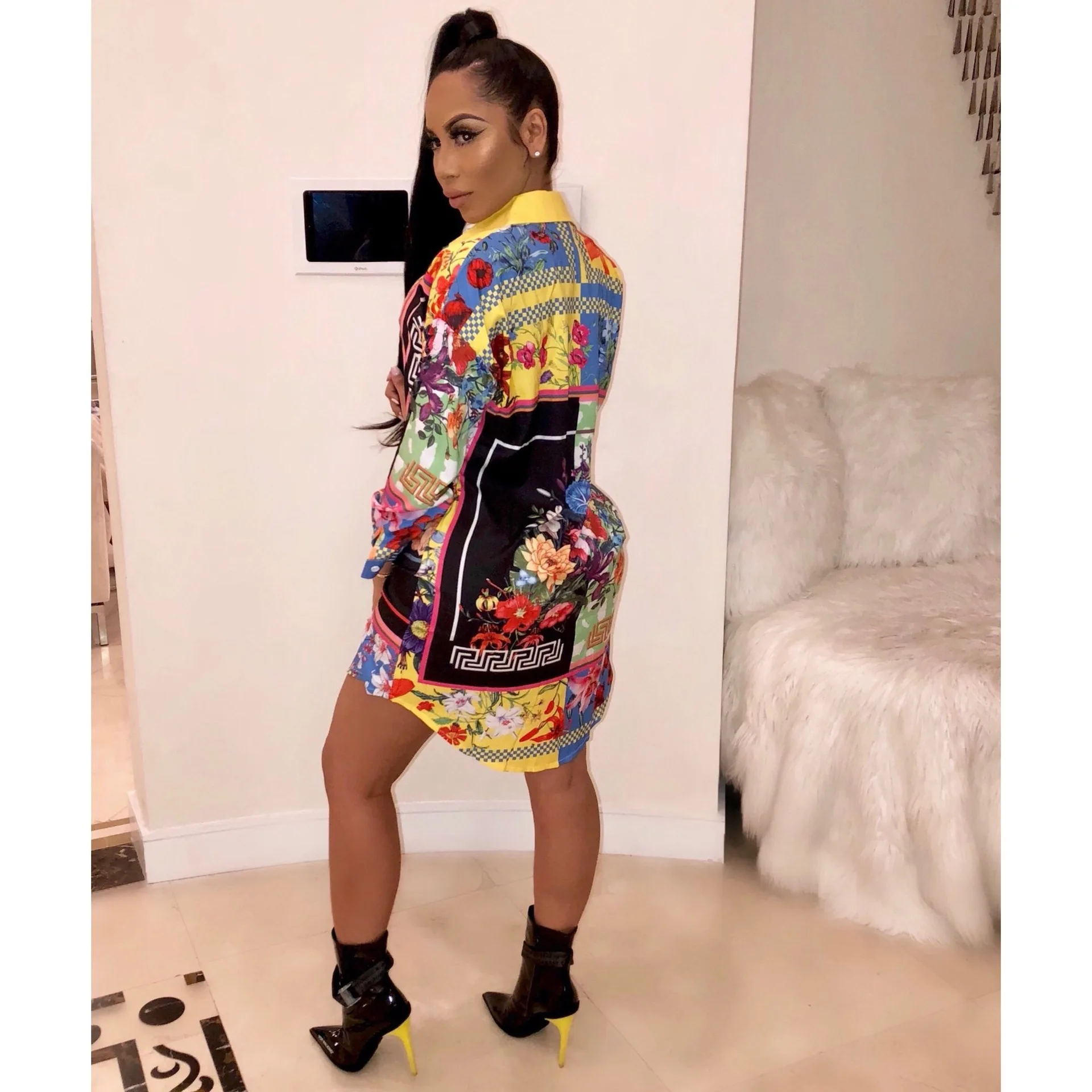 

ADFVAT Autumn Long Sleeve T Shirt Dress Women Cartoon Printed Straight Mini Dress Turn Down Collar Single Breasted Dress SMR9357