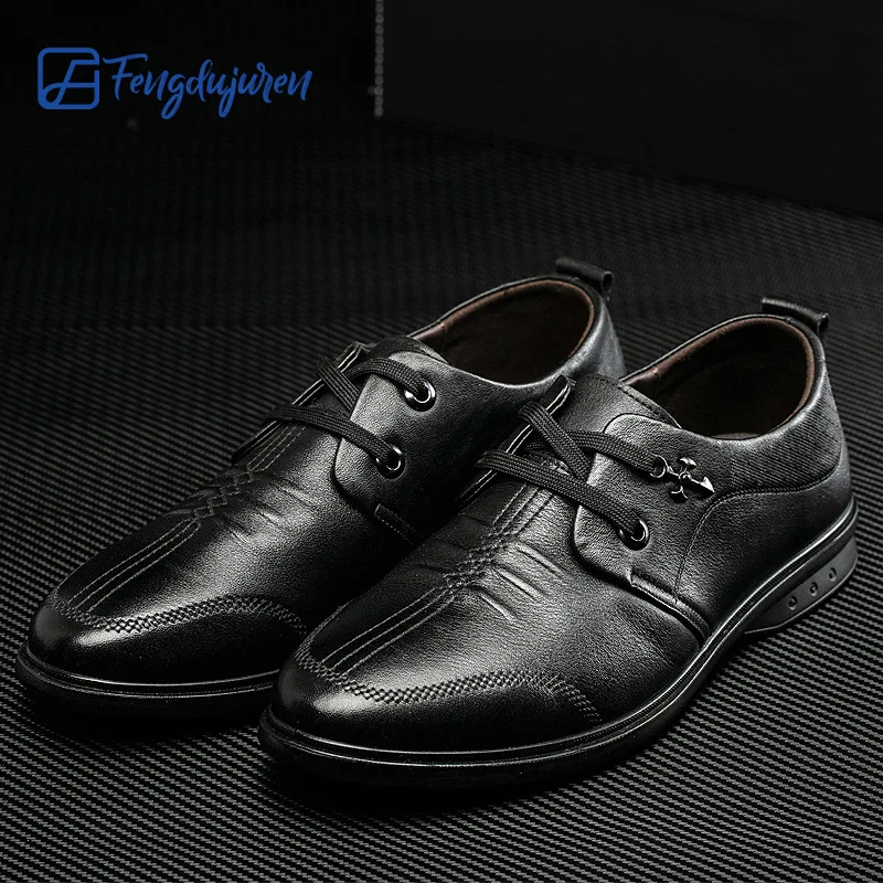 

Men's toe layer leather business casual shoes soft bottom soft flat shoes lace-up comfortable work shoes