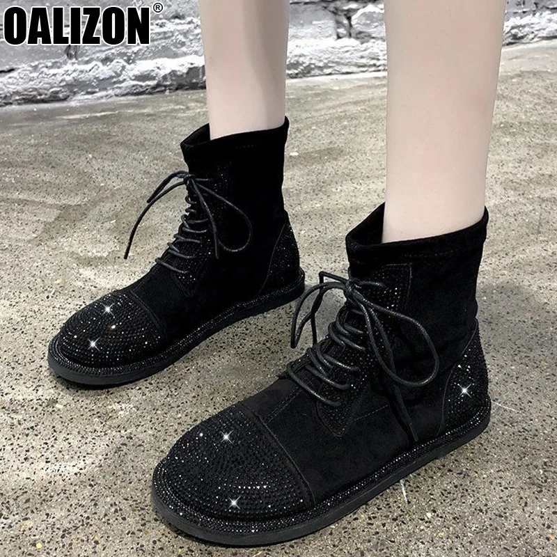 

Stylish Rhinestone Autumn Winter Women Lace Up Crystal Bottine Mujer Zapatos Lady Female Woman Short Flat Boots Botas Shoes R696
