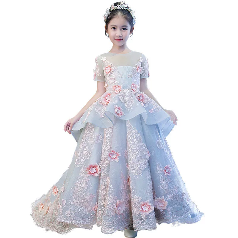 Children Girls Luxury Pageant Floral Appliques Ball Gown Dress Kids Girls Beautiful Flowers Birthday Wedding Party Dress L41