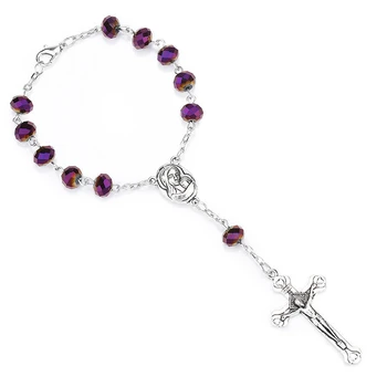 

Religious Bracelet Purple Glass Pearl Imitation Rosary Children's Communion Baby's Baptism Favors Catholic Mini Rosary