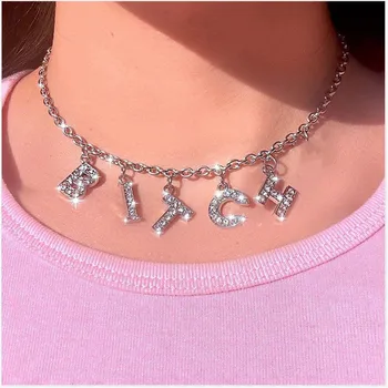 

Trend Fashion Letter Necklace for Women Girl Angel Bitch Wild Gothic sliver choker necklace Link Chain Choker Collar jewelry