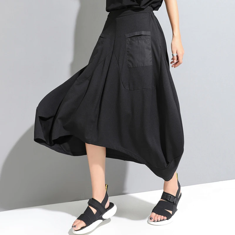 [EAM] New Spring Summer High Elastic Waist Black Pocket Split Joint Loose Irregular Half-body Skirt Women Fashion JW888