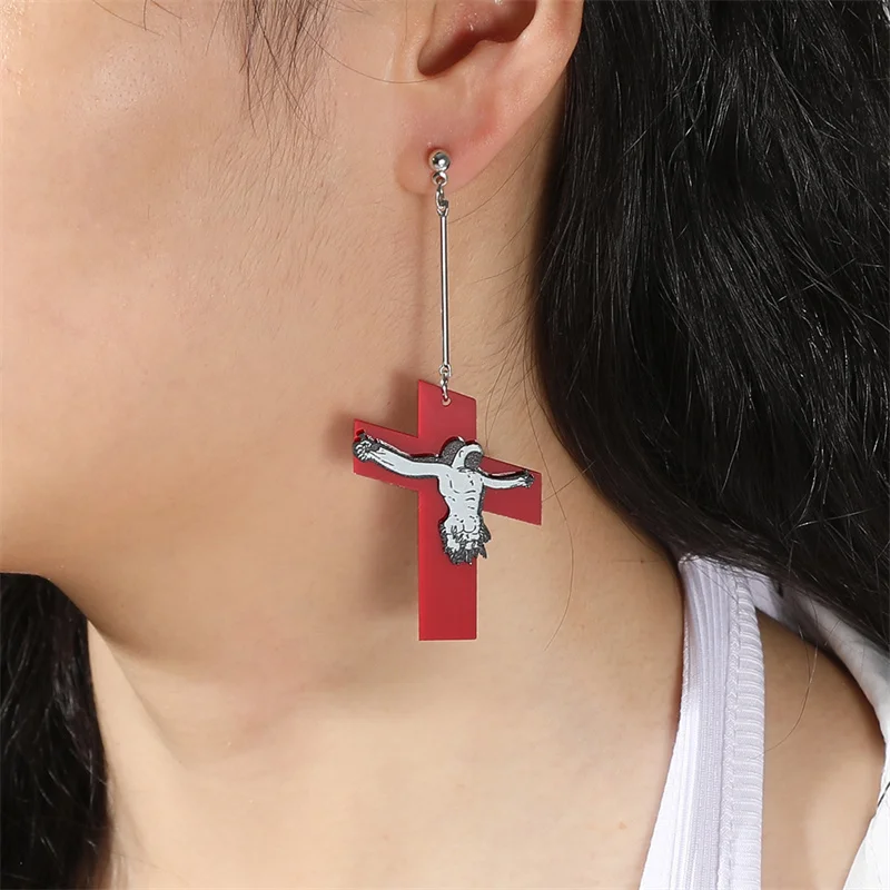 Cross Jesus Acrylic Earrings Exaggerated Big Red Dangle Earrings Women Men Night Club Street Party Jewelry