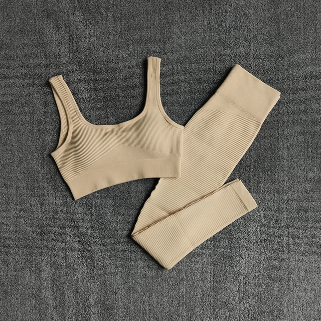 2/4/6PCS Seamless Women Yoga Set Workout Sportswear Fitness Bra Sport Pants Gym Clothing High Waist Leggings Shorts Sports Suits UBraPantsBeige
