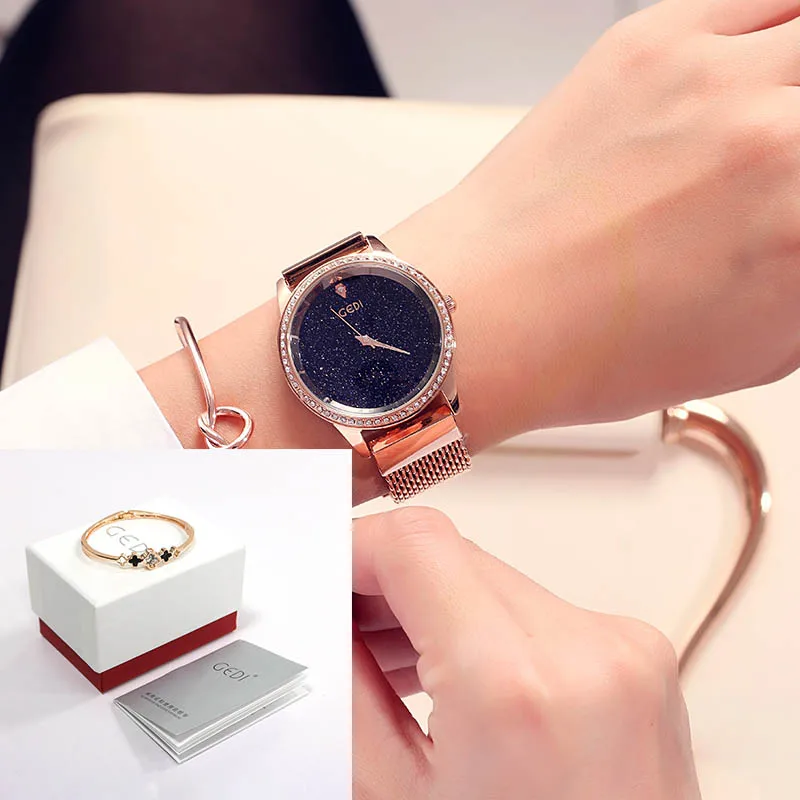 GEDI брендовые модные звездное небо часы для женщин розовое золото кварцевые часы Элегантные женские Бизнес наручные часы Relogio Feminino reloj mujer - Цвет: Rosegold box