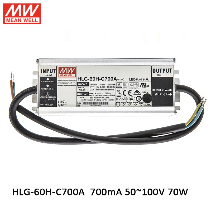 Источник питания для светодиодов MEAN WELL HLG-60H-C700A 50-100 в мА 70 Вт водонепроницаемый IP65
