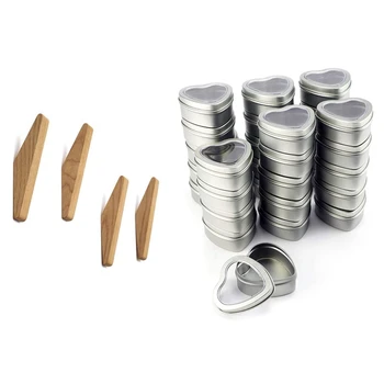 

4Pcs Wood Coat Hook Clothes Hanger Wall Hanger & 30Pcs Heart Metal Tins,Empty Heart Shaped Silver Metal Tins