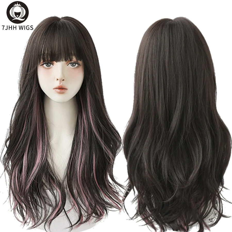 Synthetic Blend Wigs 7JHH WIGS Long Wavy Curly Hair Highlights Wigs With Fluffy Bangs For Women's Daily Wear
