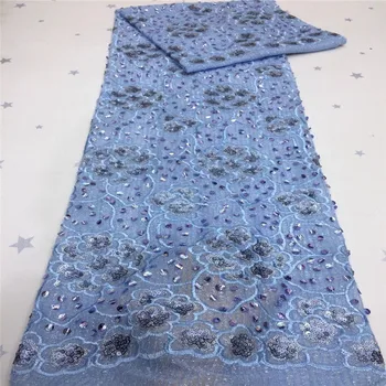 

2020 sky blue Popular African Mesh Lace Fabric With Colorful Sequins Design French Tulle Lace Fabric For Wedding Party Dress Sew