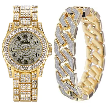 

Hip Hop Men 9inch Bracelet Gold Color Watch & Bracelet Combo Set Ice Out Cuban Watch Crystal Miami Chain Hip Hop Jewelry For Men