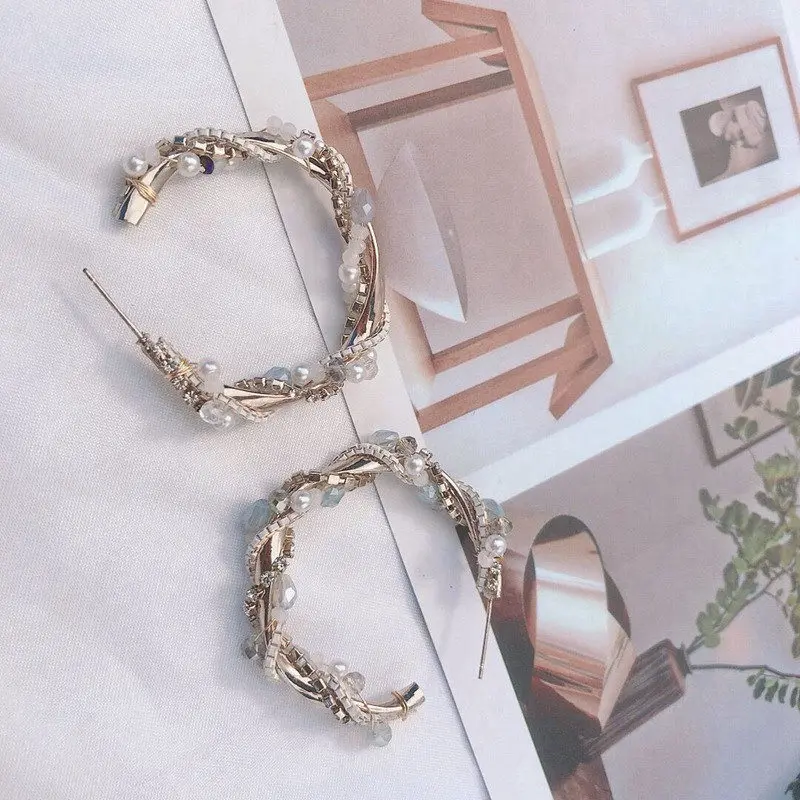 Корейский трендовый стиль крест жемчуг кристалл серьги-кольца для женщин ювелирные изделия повседневные круглые аксессуары