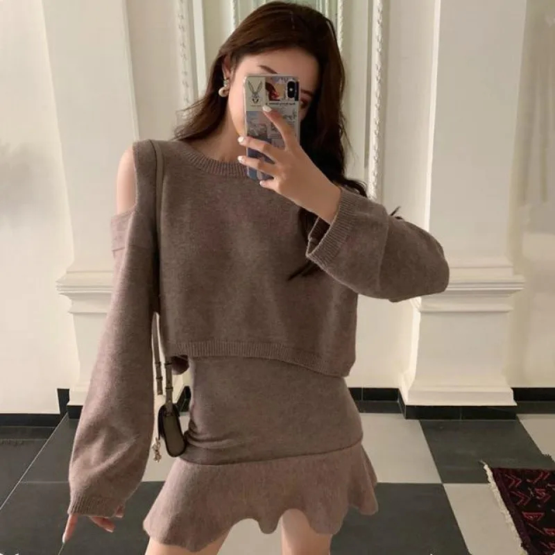 photo color suit BLLCUE осенний Модный корейский женский вязаный сексуальный пуловер с открытыми плечами свитер+ юбка рыбий хвост костюм комплект одежды из 2 предметов - Цвет: photo color suit