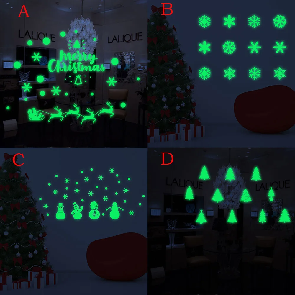 Счастливого Рождества наклейка светится в темноте звезды Водонепроницаемый Снежинка Рождественский принт светящаяся Наклейка на стену на окно автоколлант Фреска - Цвет: D