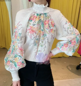 

2020 Early Design Court Wind Top Lantern Sleeve Half Gao Collar Temperament Printing Shirt Female