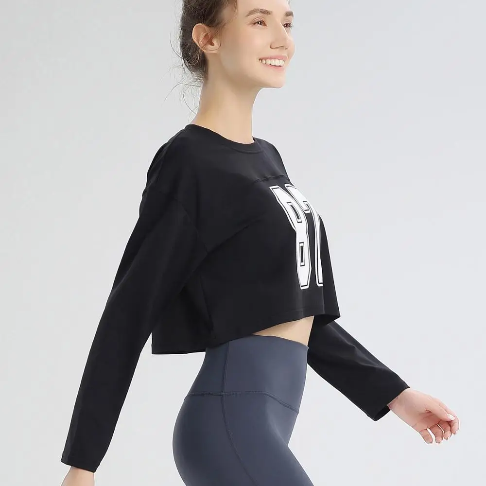 

Womens Essentials Short Sports Top Retro Loose Pullover Sweatshirt Stretch Running Fitness Hoodie Drop-shoulder Number 87 Print