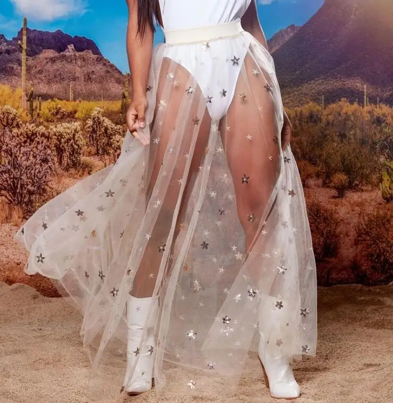 Women Sexy Skirts See through Mesh Skirt Femme Long Maxi Mesh Sheer