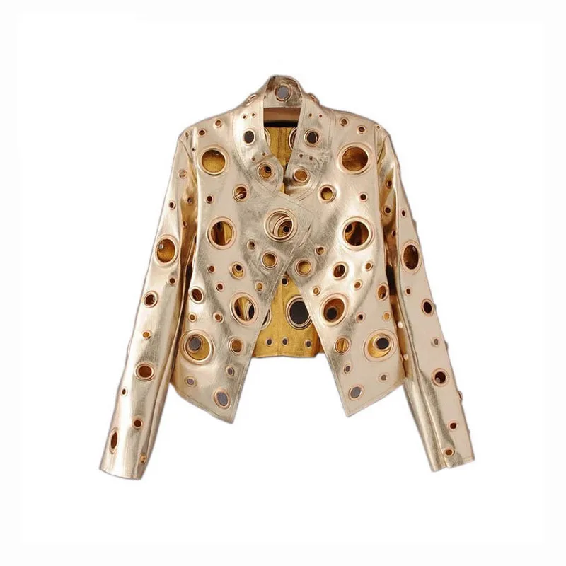 Золотая куртка с металлическим круглым вырезом, открытое пальто, женская куртка из искусственной кожи, женские пальто с отложным воротником, длинный рукав, открытая стежка, chaqueta mujer - Цвет: Золотой