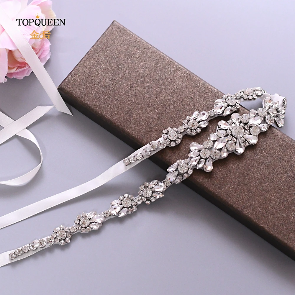 

TOPQUEEN S392-G Silver Rhinestone Belt Bridal Dress Belt with Bling Crystal Sash for Dresses Luxury Clear Diamond Applique Belt
