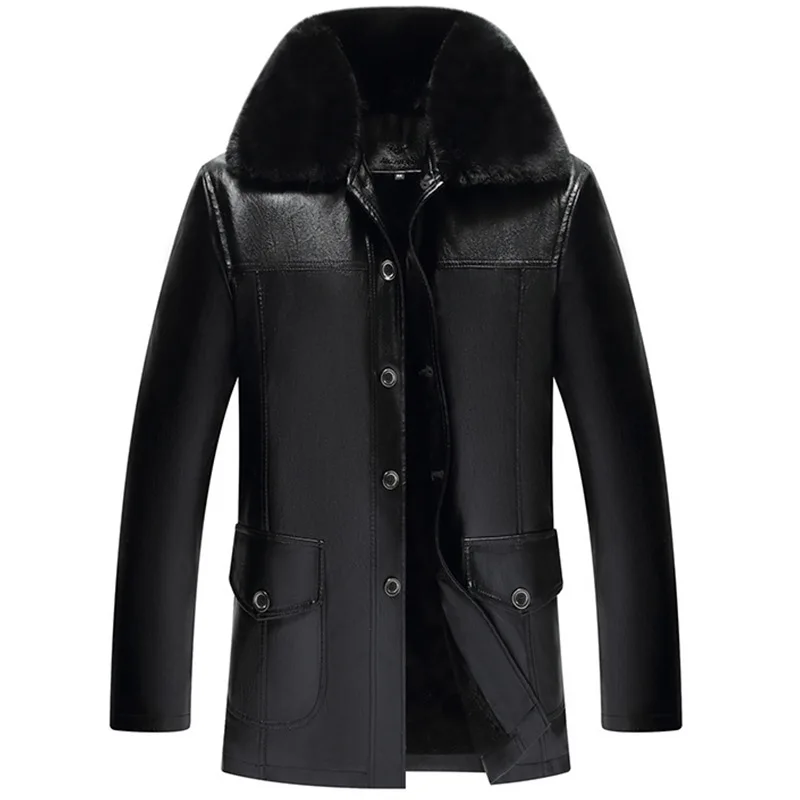 

2019 Winter Middle-aged Large Fur Collar Men Button Pu Daddy Clothes Five Buckle Brushed And Thick Leather Coat Men's Wandering