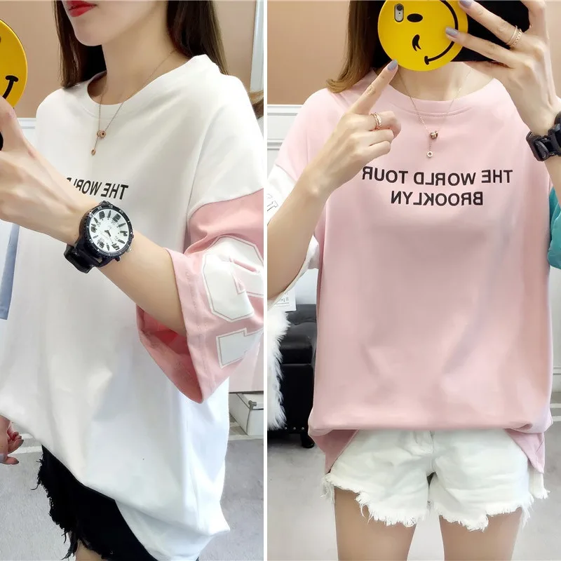 Women Summer Tee Oversize Letter Print Half Sleeve Casual Tshirt Ladies T-shirt Streetwear Tee