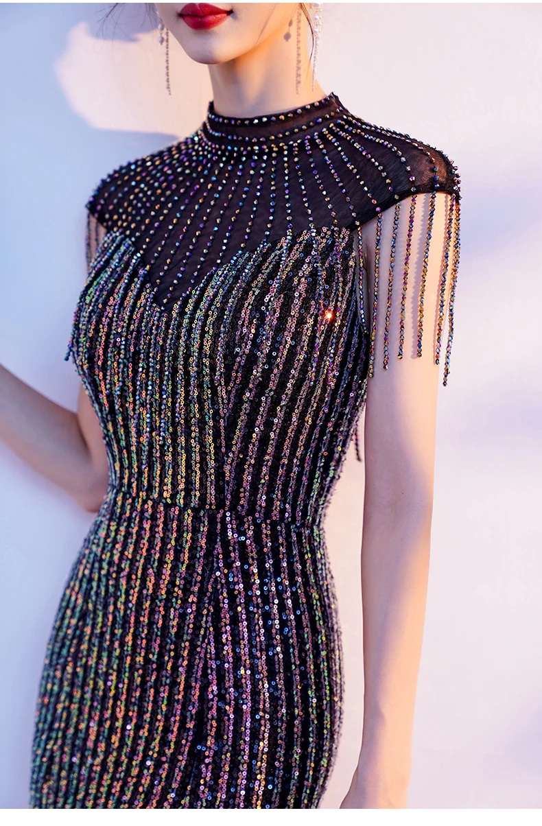 Elegant Mermaid Evening Dresses With Tassel O-Neck Floor-Length Sparkly Sequin Long Women Formal Gowns For Wedding Party long evening dress