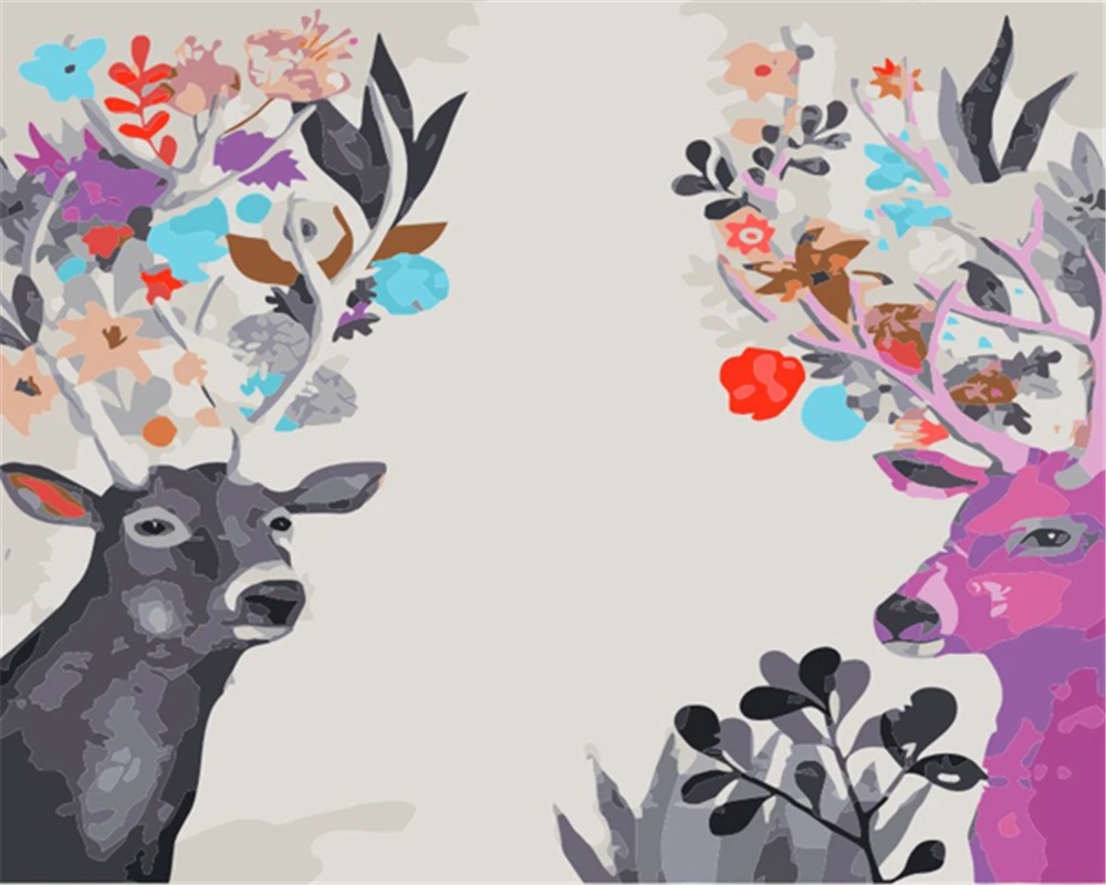 Two Deer Face Each Other Pictures By Numbers Landscape Paint Canvas Coloring Oil Painting City Handpainted Home Decoration | Дом и сад