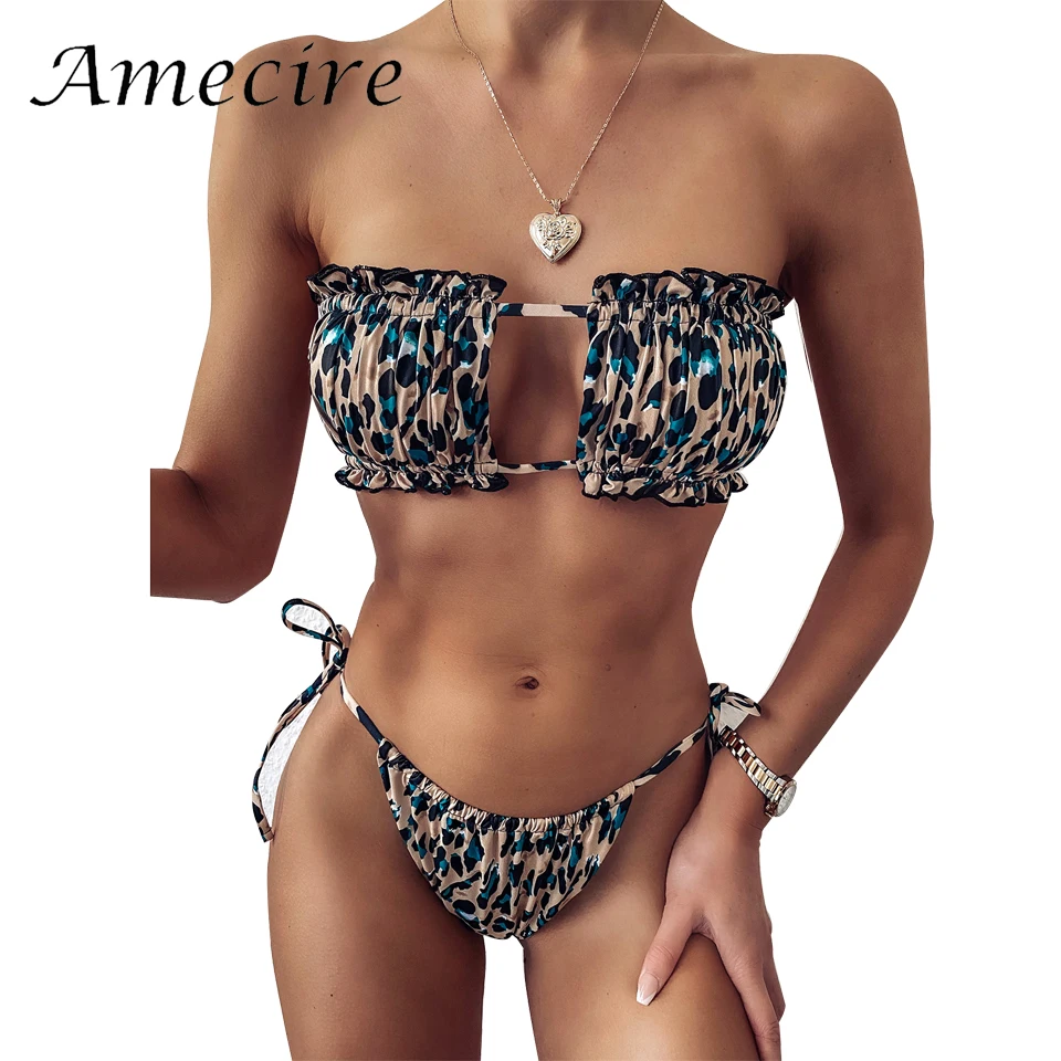 Amecire New 2020 Swimming Bikini Set For Women Sexy Strapless High Cut Out Thong Swimsuit Summer Mejur Beach Vacation | Женская одежда