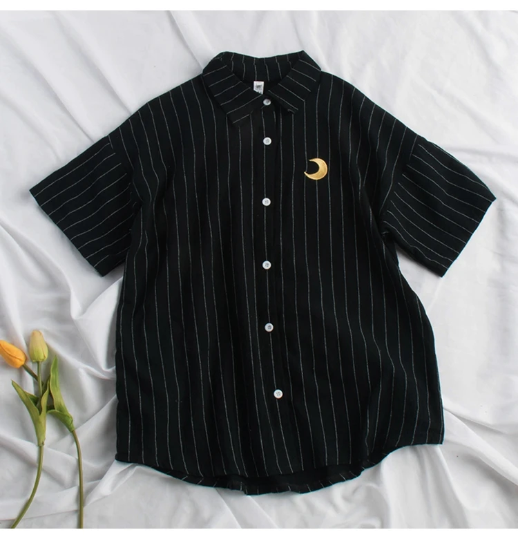 short sleeve black Woherb, Женская Полосатая блуза Kawaii, с Лунной вышивкой, корейские женские топы, блузы, Повседневная льняная рубашка с рукавом «летучая мышь», 20824 - Цвет: short sleeve black