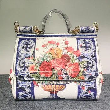 

Luxury Italy Brand Sicily Ethnic Floral Bag Genuine Leather Casual Tote Platinum Bag Lady Shoulder Messenger Bag Channels Bags