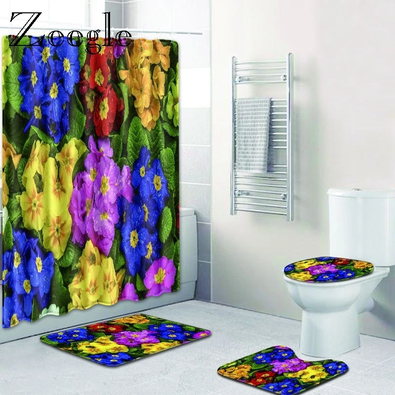 Zeegle Bath Mat Set Waterproof Shower Curtain Washable Bath Rug Toilet Pedestal Rug Anti-slip Bathroom Doormat 4pcs Toilet Set