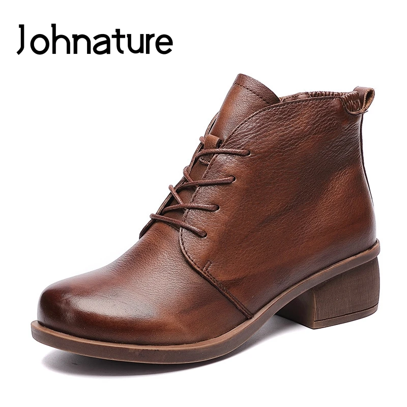 

Johnature Genuine Leather Ankle Boots Retro Women Shoes 2020 New Autumn Winter Round Toe Square Heel Zip Cross-tied Women Boots