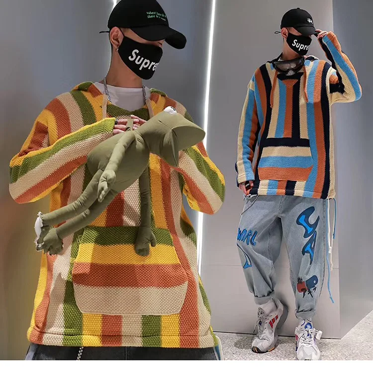 Мужской ретро свитер толстовка с капюшоном в стиле хип-хоп вязаный полосатый свитер пуловер уличная Harajuku винтажный пуловер с капюшоном хлопок осень